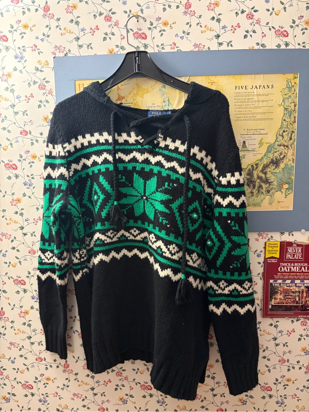 Polo by Ralph Lauren Black, Green & Cream Fair Isle Hooded Sweater